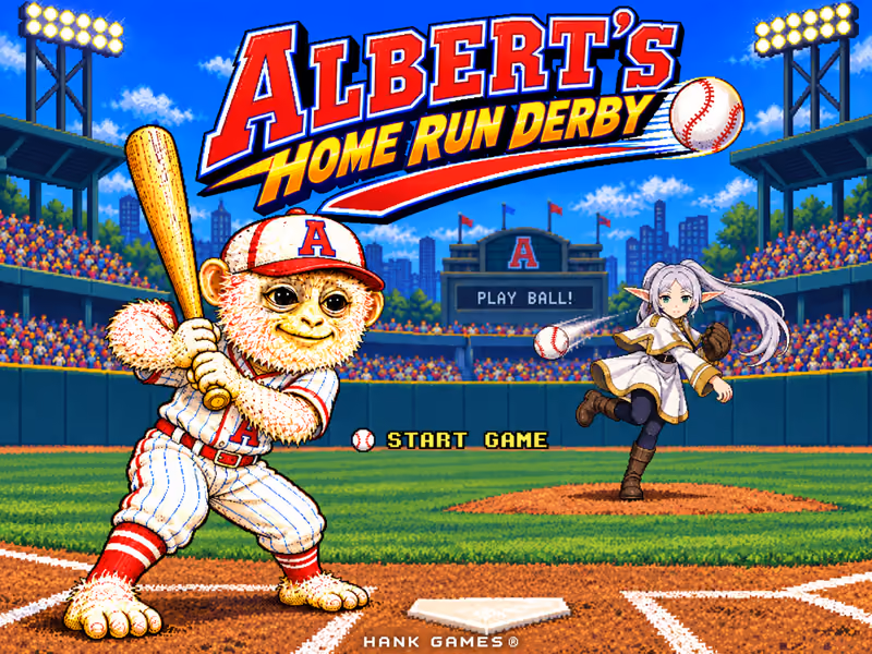 Albert's Home Run Derby. Albert bats, Frieren pitches, and Start Game appears on the field.