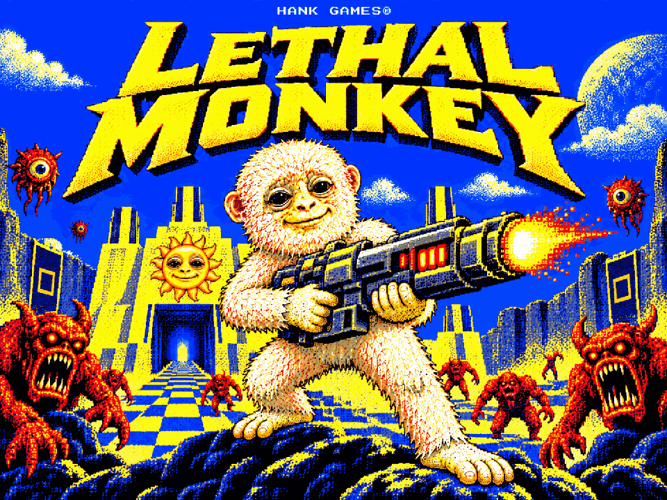 Lethal Monkey. Albert faces a horde of demon monkeys in a golden blue world. HANK GAMES registered.