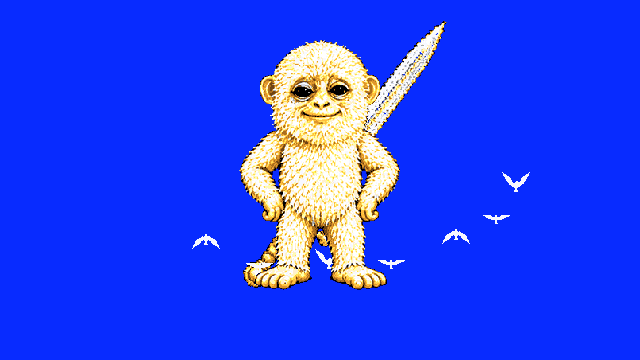 Albert the white monkey with a silver sword and white birds